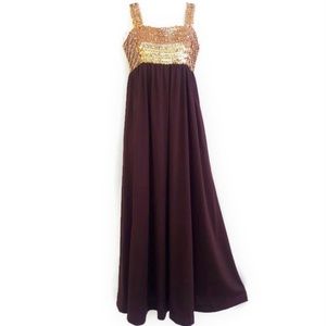 Vintage 60s Coco California Brown Maxi Gown Sequin Empire Waist Zipper Back S